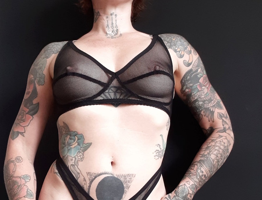 Black sheer FLOOZY soft cup mesh bra. Strappy retro wire free see thru bralette. Handmade to order sexy lingerie. Custom sizing. Image # 173102