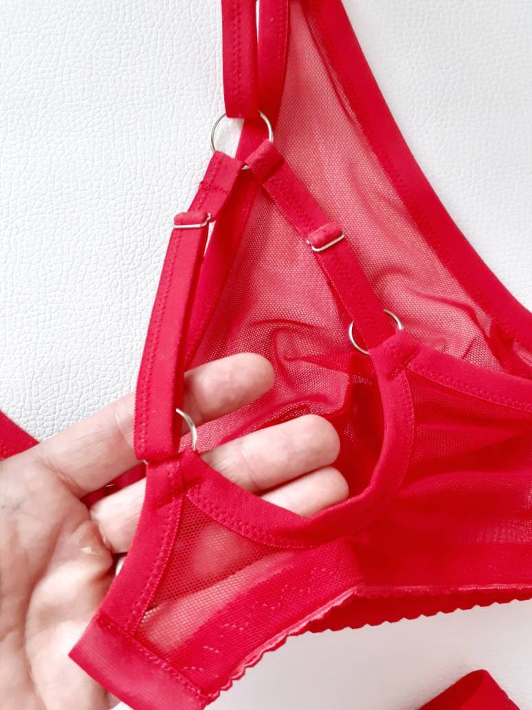 Red sheer FLOOZY mesh bra. Strappy retro soft cup & wire free see thru bralette. Handmade to order sexy lingerie. Custom sizing. photo