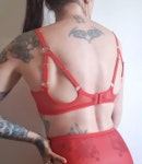 Red sheer FLOOZY mesh bra. Strappy retro soft cup & wire free see thru bralette. Handmade to order sexy lingerie. Custom sizing. Thumbnail # 173144