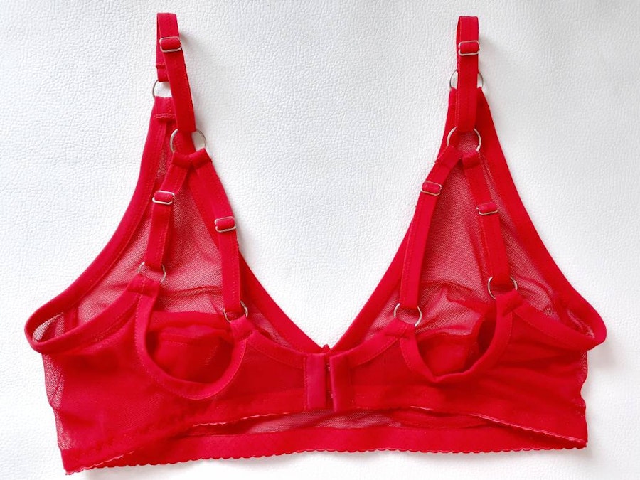 Red sheer FLOOZY mesh bra. Strappy retro soft cup & wire free see thru bralette. Handmade to order sexy lingerie. Custom sizing. Image # 173147