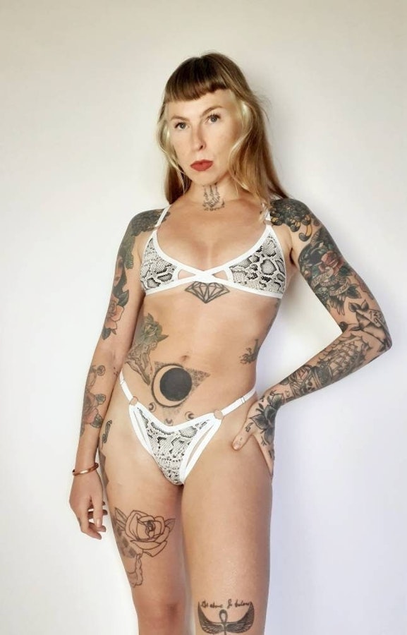 White snake LOVESICK lingerie set. Strappy soft cup bra & high hip thong woman’s underwear. Handmade to order in your size