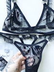 Black sheer micro lingerie set. BLACK WIDOW See thru bra & thong with frilly trim. Handmade to order sexy gothic lingerie in your size Thumbnail # 173183