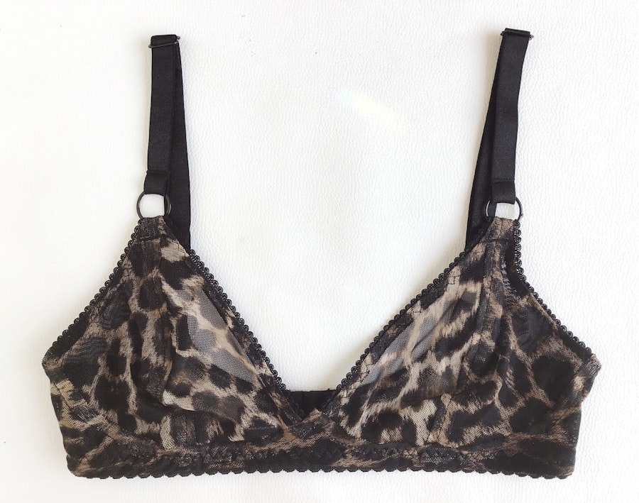 Leopard sheer TOUCH bra. Patterned see thru mesh, soft cup underwire free for comfort & natural shape. Handmade to order in your size. Image # 173204