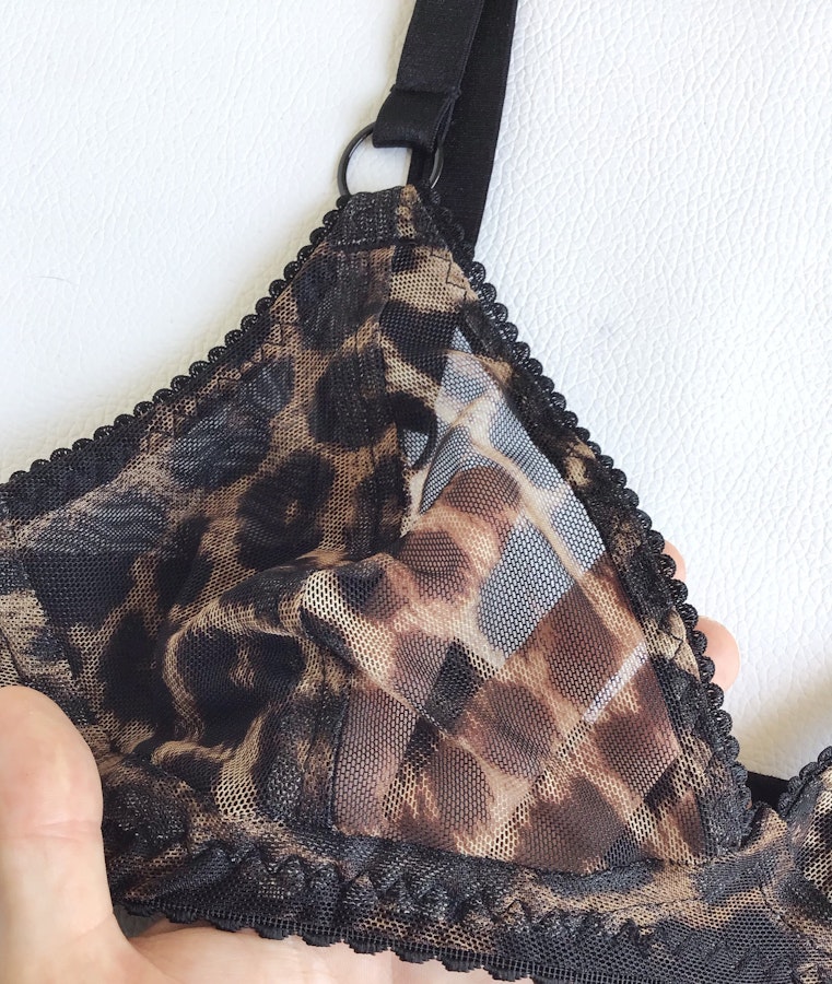 Leopard sheer TOUCH bra. Patterned see thru mesh, soft cup underwire free for comfort & natural shape. Handmade to order in your size. Image # 173205