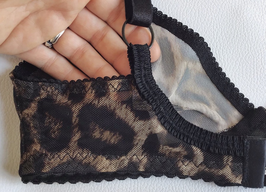 Leopard sheer TOUCH bra. Patterned see thru mesh, soft cup underwire free for comfort & natural shape. Handmade to order in your size. Image # 173207