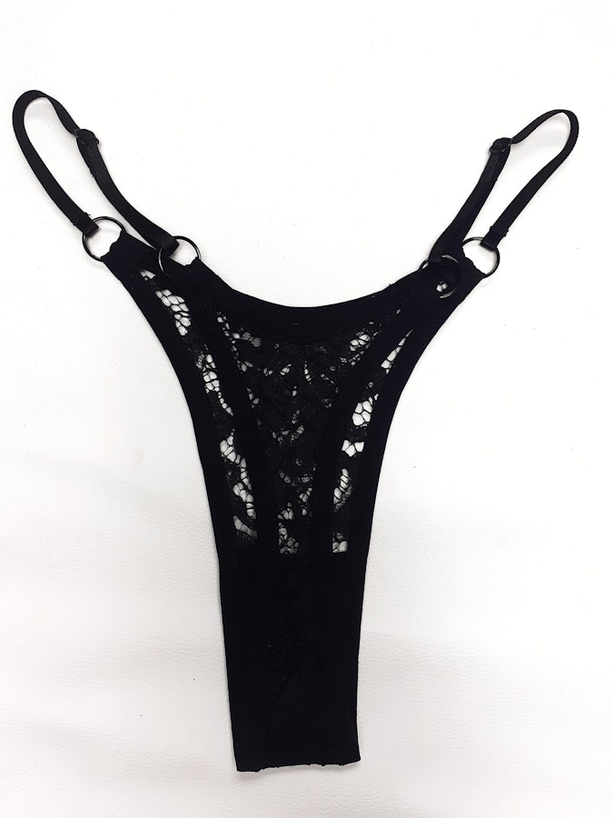 Black floral lace LULU thong. Sexy see thru high cut sheer underwear. Handmade to order sheer lingerie in your size. Image # 173247