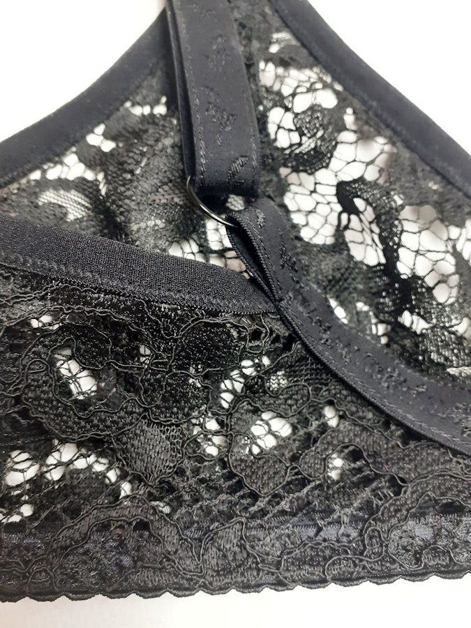 Black lace soft cup bra. Wire free, sexy see thru floral underwear. Handmade to order lingerie to your size. Image # 173261