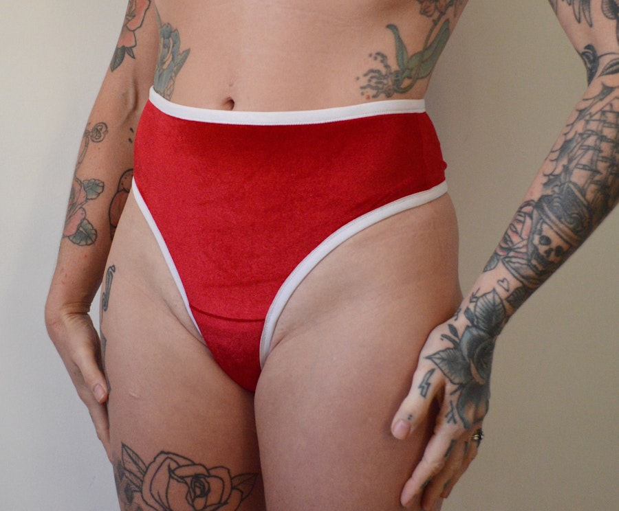 Red soft velvet FAITH high waist thong. Sexy underwear gift for her. Handmade to order lingerie in your size.
