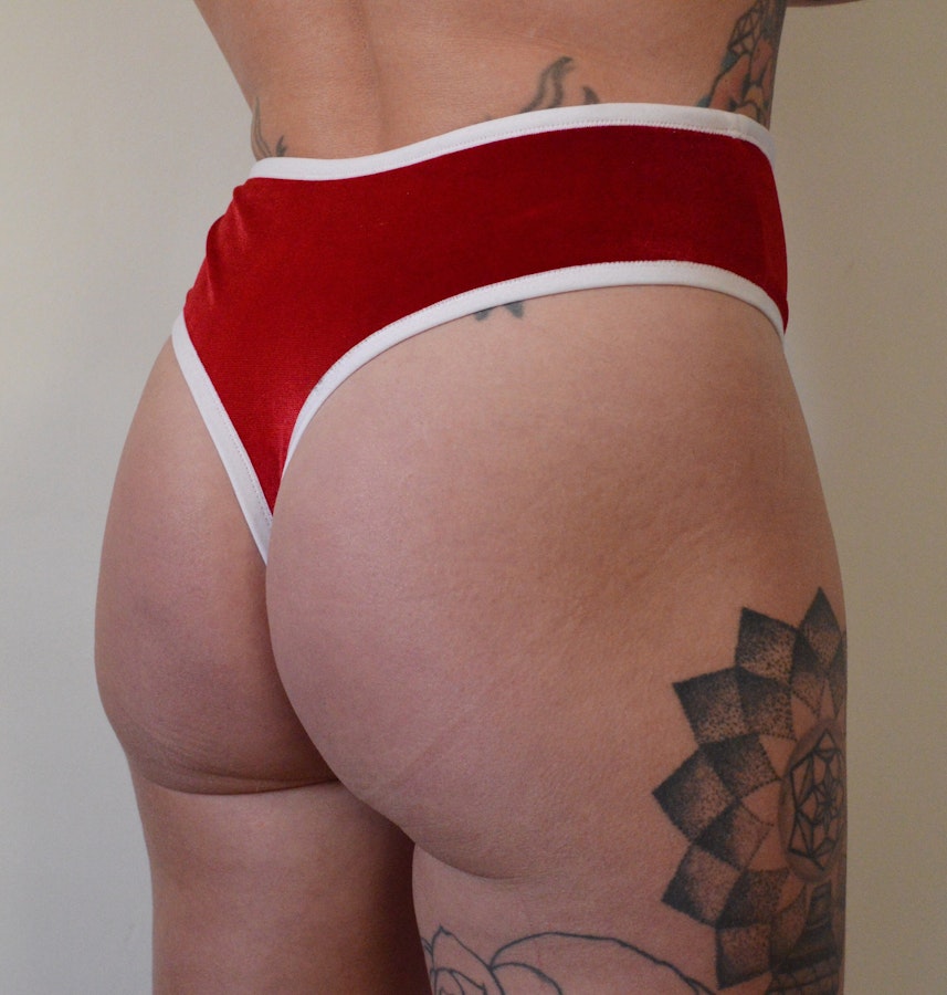Red soft velvet FAITH high waist thong. Sexy underwear gift for her. Handmade to order lingerie in your size. Image # 173266