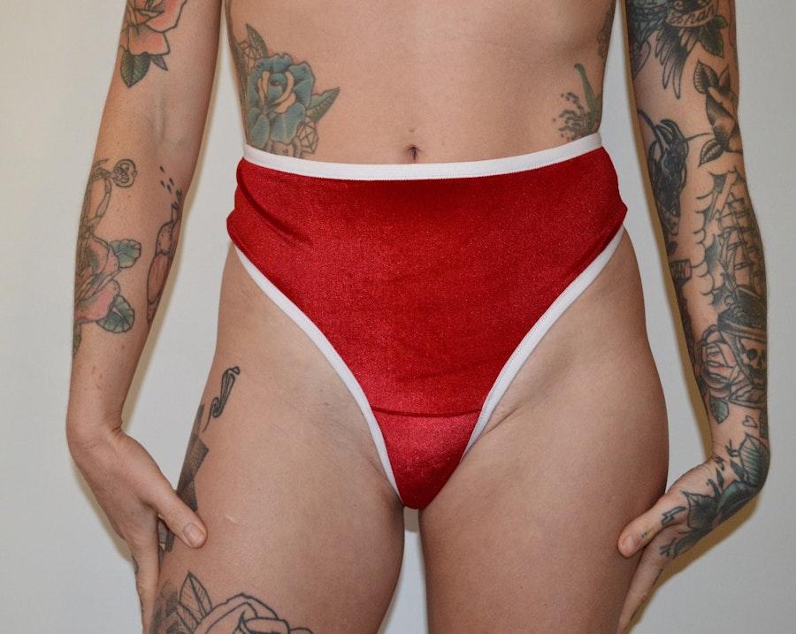 Red soft velvet FAITH high waist thong. Sexy underwear gift for her. Handmade to order lingerie in your size. Image # 173267
