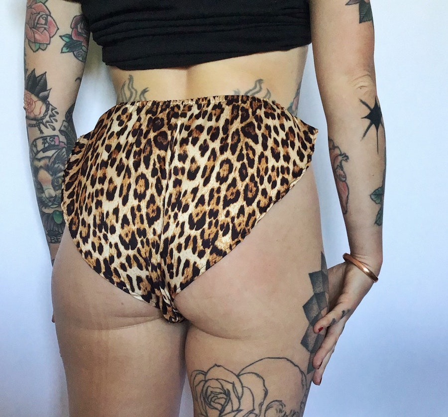 Leopard satin PASSION knickers. High waist retro style flutter panties. Handmade to order in your size lingerie.