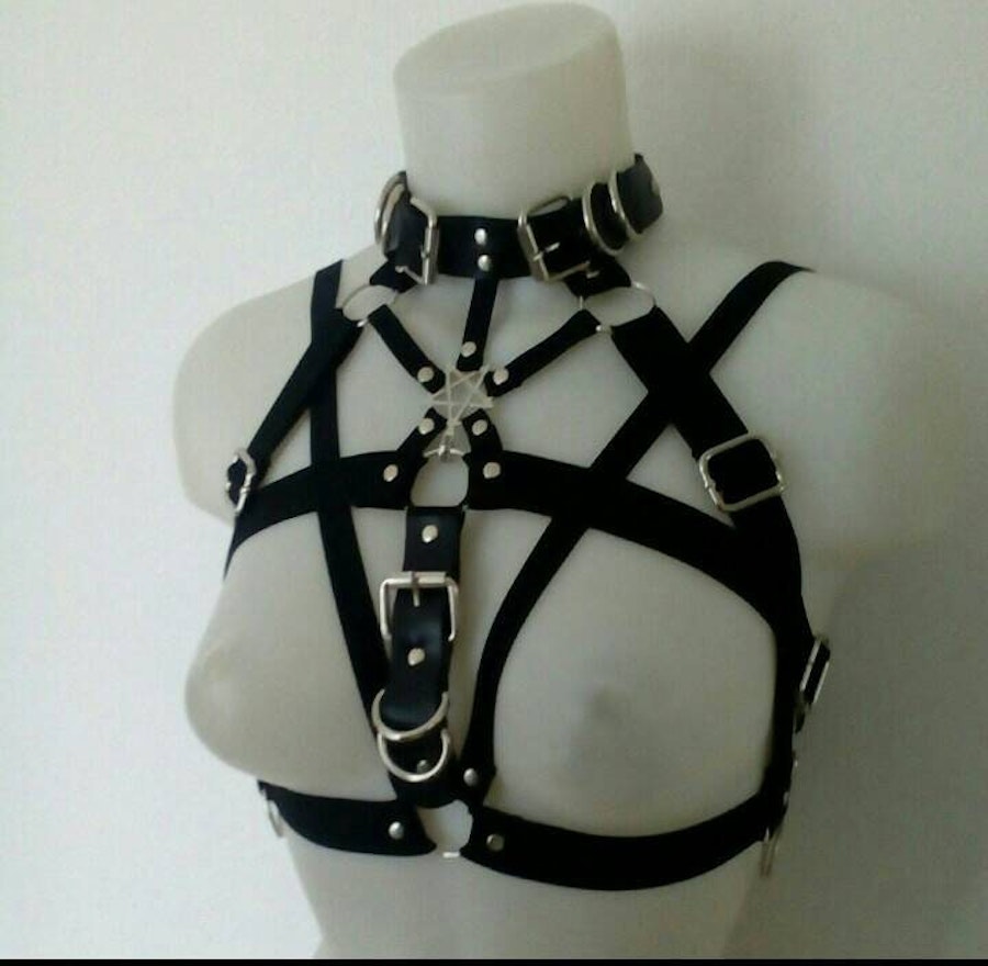 Three piece set (vegan leather garters with garter skirt and pentagram choker harness) Image # 175142