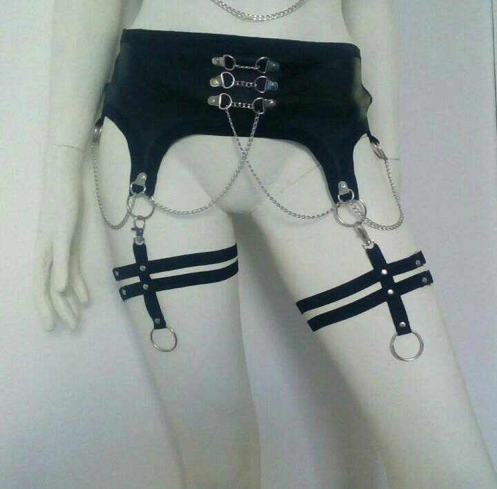Three piece set (vegan leather garters with garter skirt and pentagram choker harness) photo