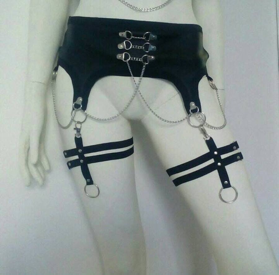 Three piece set (vegan leather garters with garter skirt and pentagram choker harness) Image # 175141