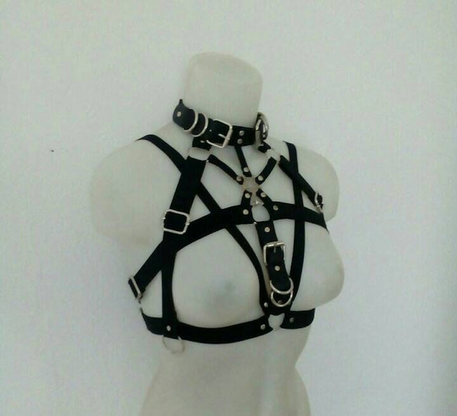Three piece set (vegan leather garters with garter skirt and pentagram choker harness) Image # 175143