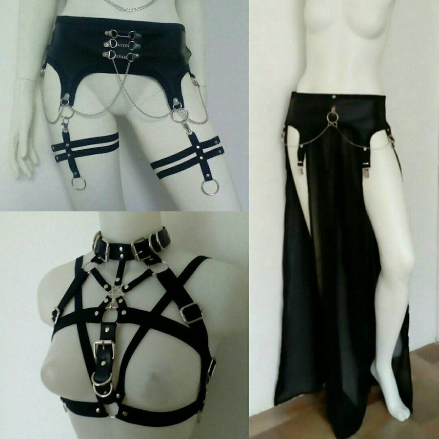 Three piece set (vegan leather garters with garter skirt and pentagram choker harness)