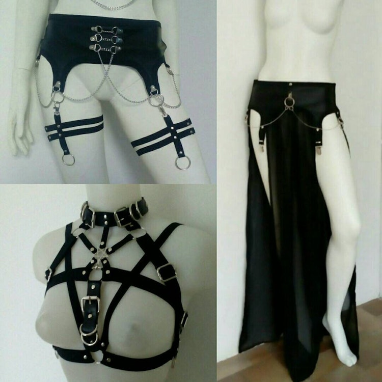 Three piece set (vegan leather garters with garter skirt and pentagram choker harness) photo