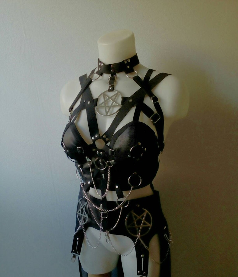 Pentagram outfit crop top faux leather corset and garter belt biker chick outfit heavy metal festival outfit Image # 175552