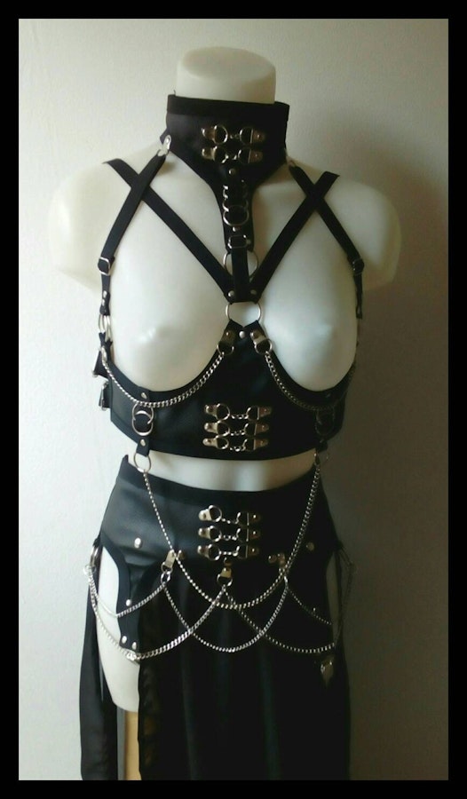 Underbust harness +chained maxi Skirt faux leather harness belt and garter belt skirt corset lacing Image # 175180