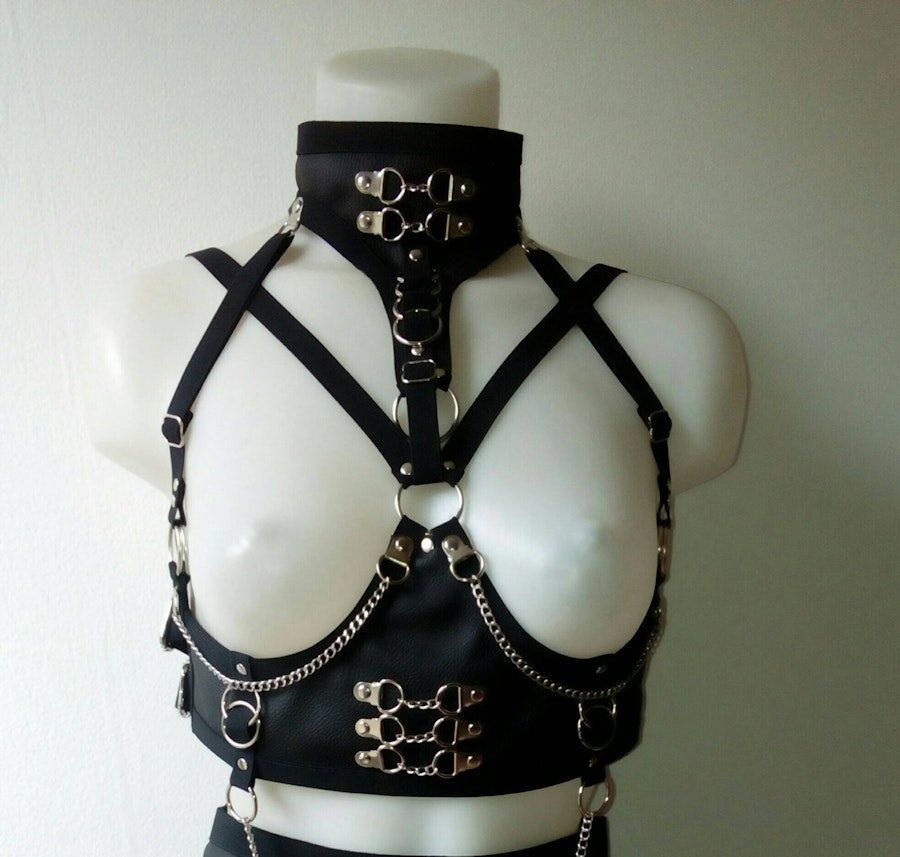 Underbust harness +chained maxi Skirt faux leather harness belt and garter belt skirt corset lacing Image # 175178