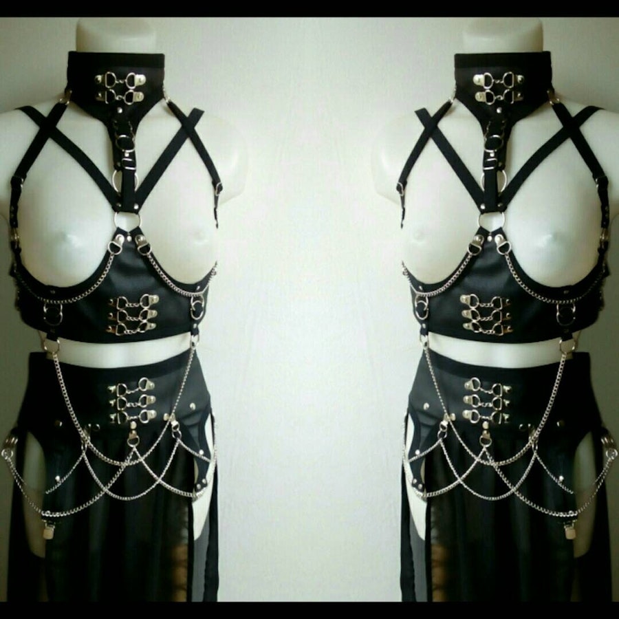 Underbust harness +chained maxi Skirt faux leather harness belt and garter belt skirt corset lacing