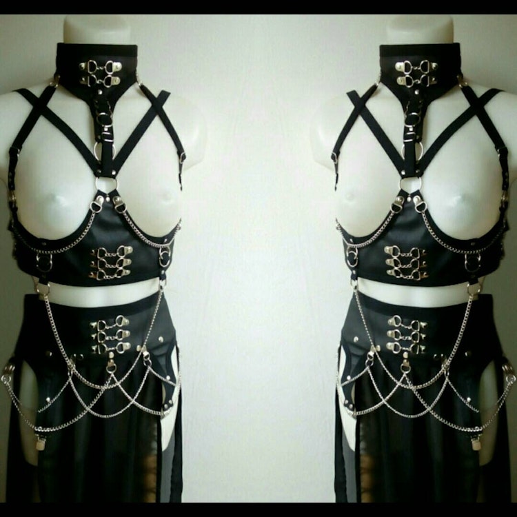Underbust harness +chained maxi Skirt faux leather harness belt and garter belt skirt corset lacing photo