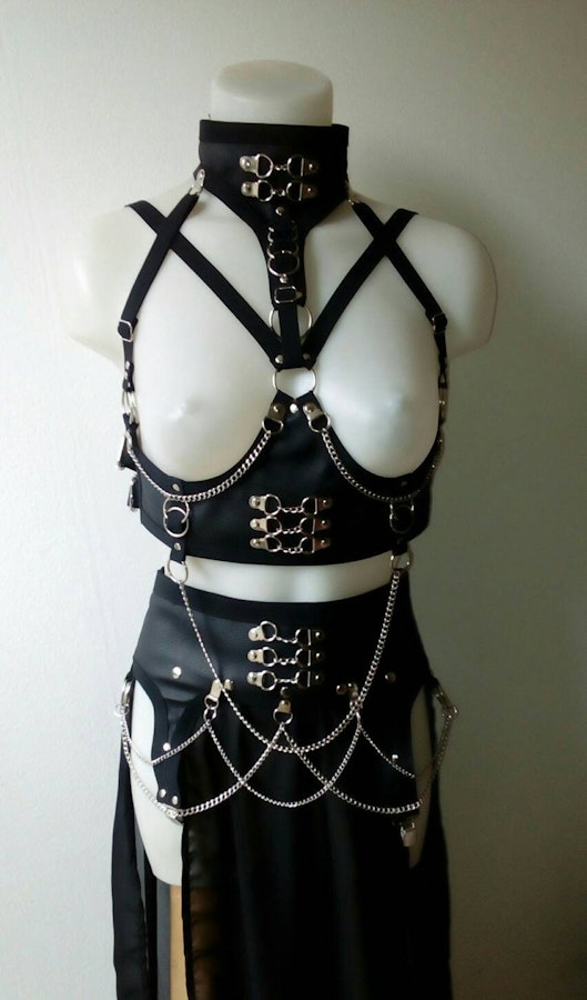 Underbust harness +chained maxi Skirt faux leather harness belt and garter belt skirt corset lacing Image # 175179