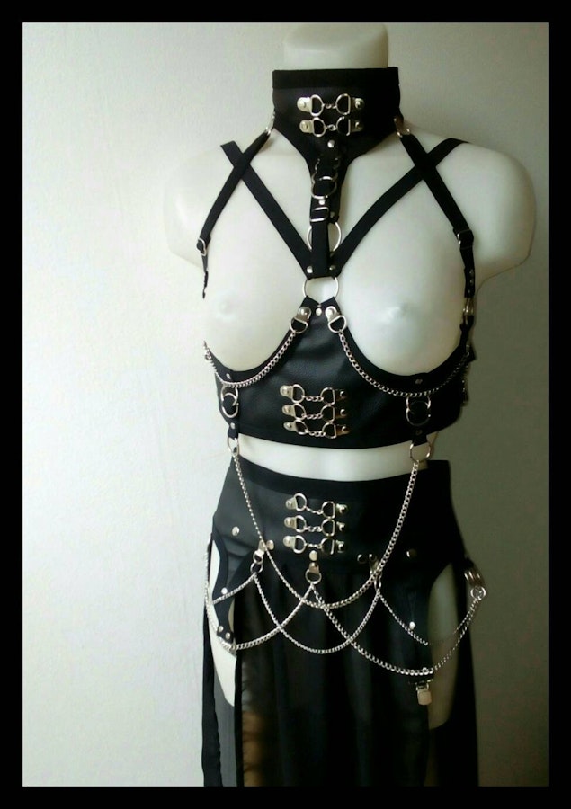 Underbust harness +chained maxi Skirt faux leather harness belt and garter belt skirt corset lacing Image # 175181