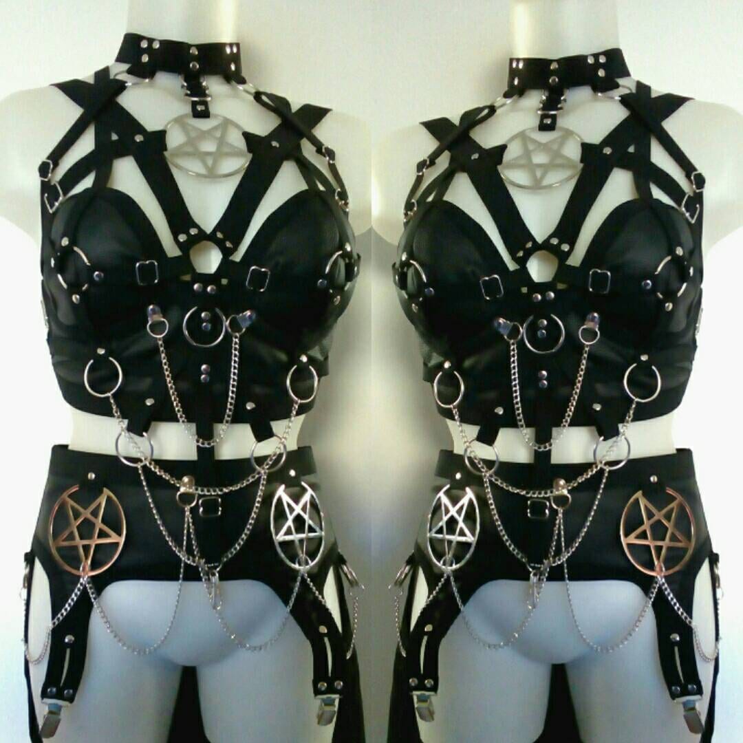 Pentagram outfit crop top faux leather corset and garter belt biker chick outfit heavy metal festival outfit photo