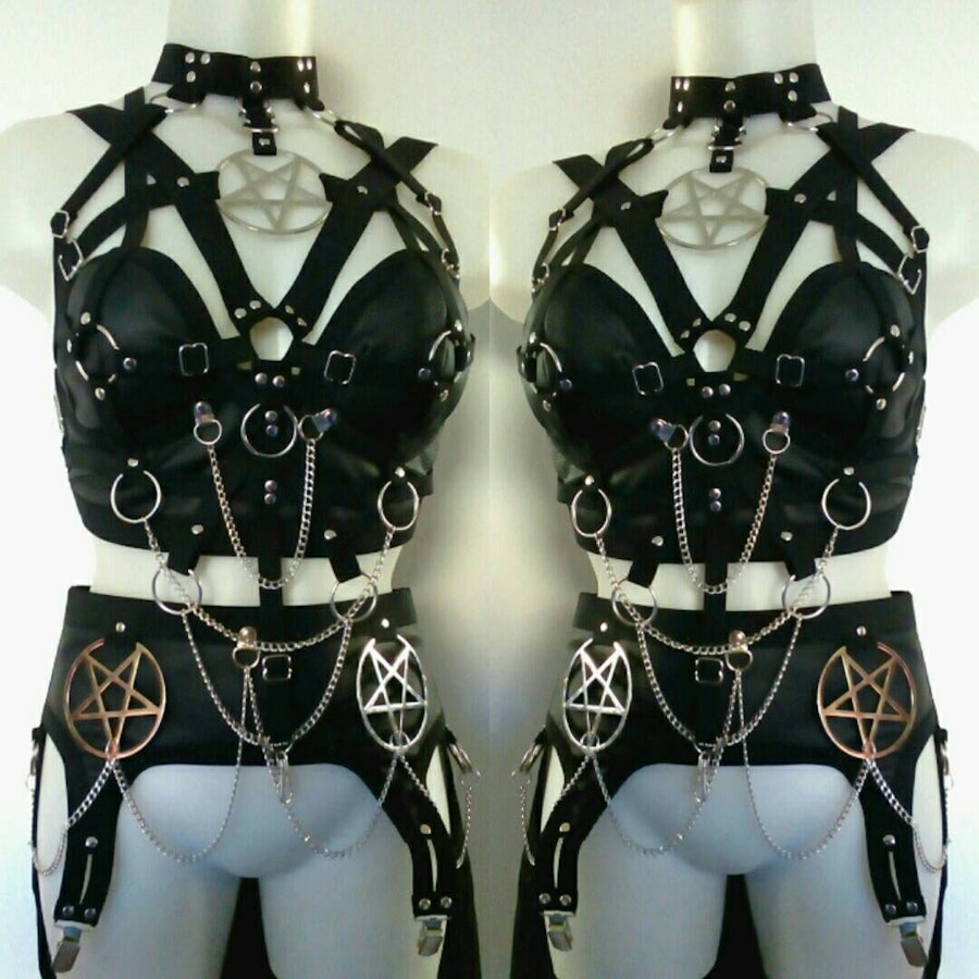 Pentagram outfit crop top faux leather corset and garter belt biker chick outfit heavy metal festival outfit Image # 175550