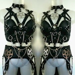 Pentagram outfit crop top faux leather corset and garter belt biker chick outfit heavy metal festival outfit Thumbnail # 175550