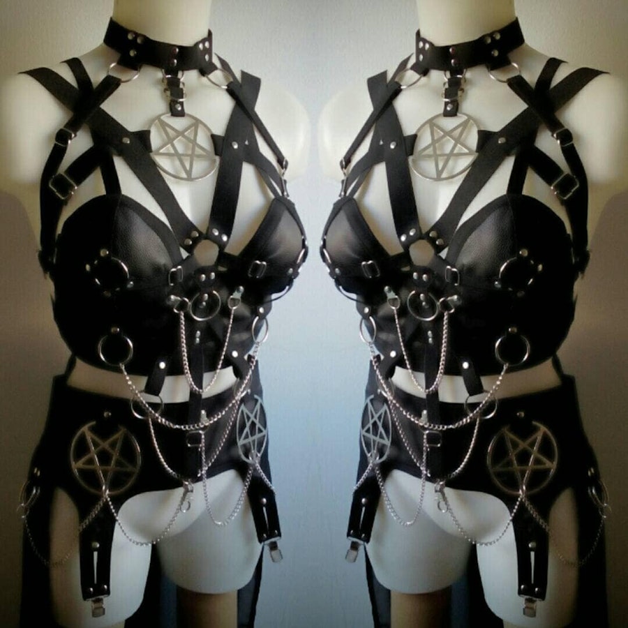 Pentagram outfit crop top faux leather corset and garter belt biker chick outfit heavy metal festival outfit Image # 175551