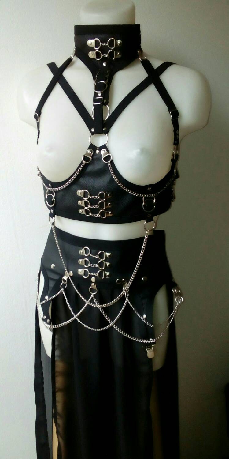 Underbust harness +chained maxi Skirt faux leather harness belt and garter belt skirt corset lacing photo