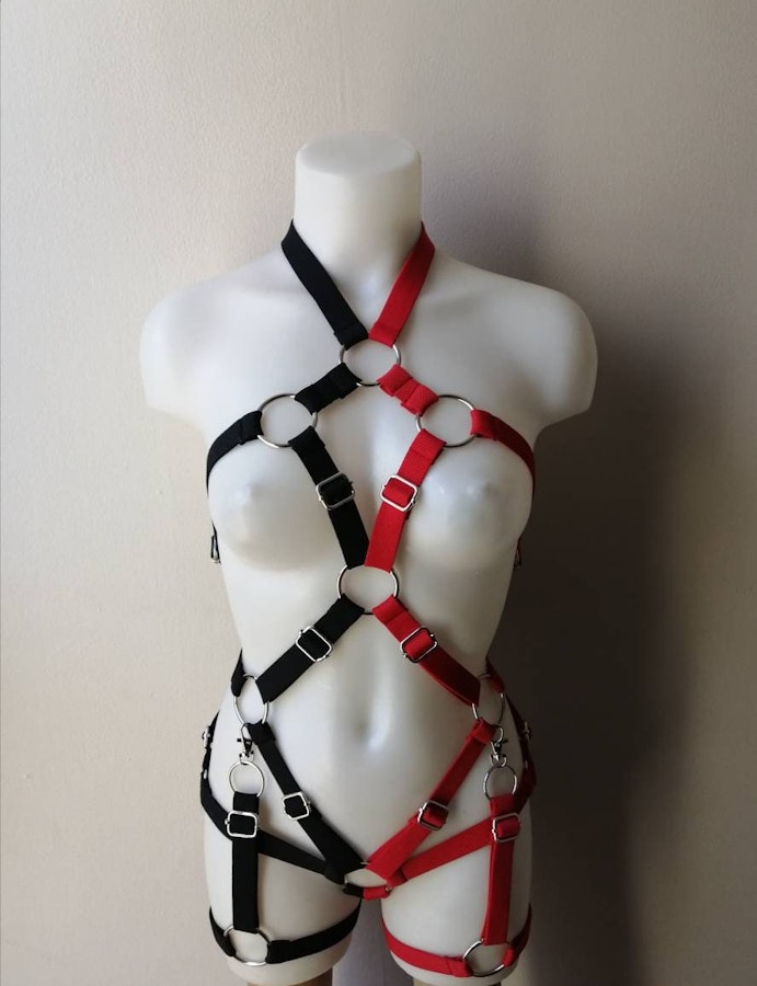 Black and red elastic harness