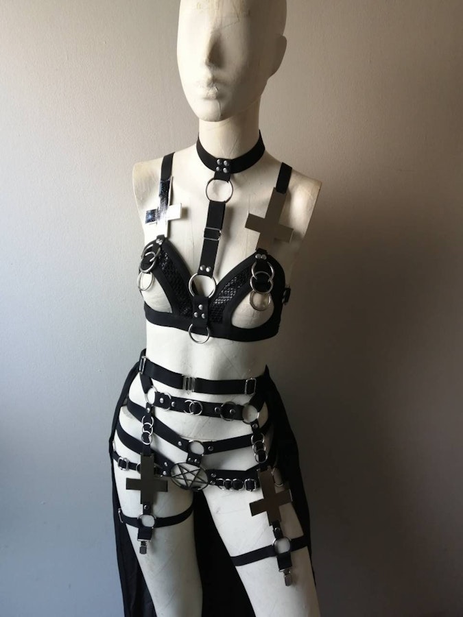 Inverted cross set (4 piece set) half bra maxi skirt occult symbol pentagram elastic harness set Image # 175191