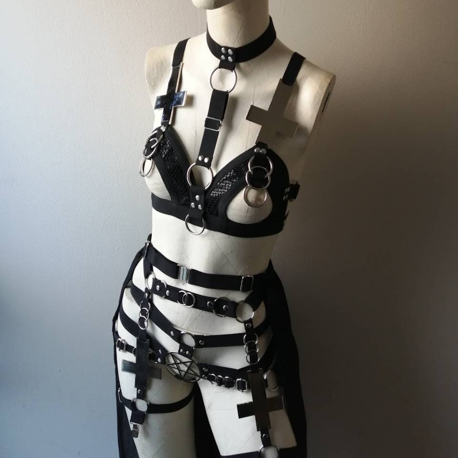 Inverted cross set (4 piece set) half bra maxi skirt occult symbol pentagram elastic harness set Image # 175188