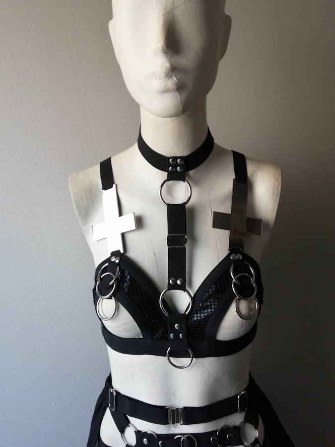 Inverted cross set (4 piece set) half bra maxi skirt occult symbol pentagram elastic harness set Image # 175190