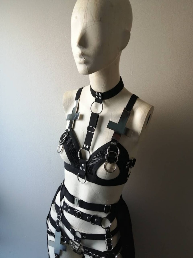 Inverted cross set (4 piece set) half bra maxi skirt occult symbol pentagram elastic harness set Image # 175192