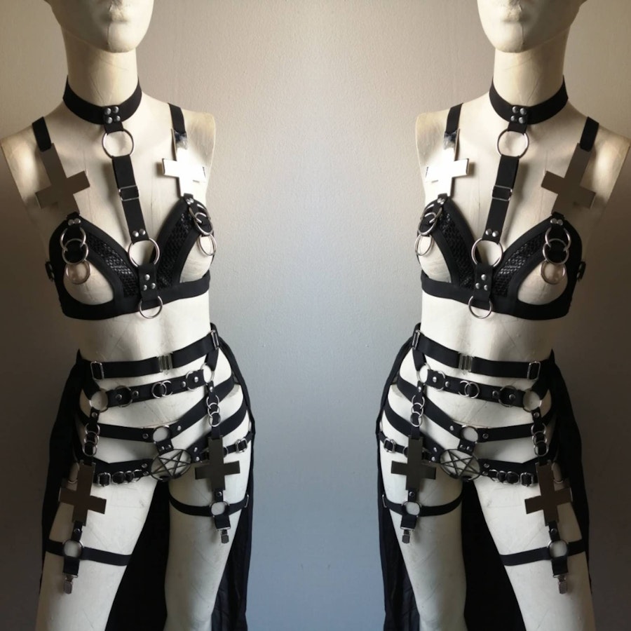 Inverted cross set (4 piece set) half bra maxi skirt occult symbol pentagram elastic harness set