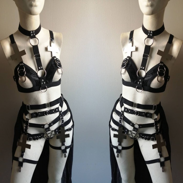 Inverted cross set (4 piece set) half bra maxi skirt occult symbol pentagram elastic harness set photo