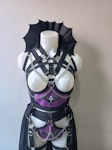 bat inspired outfit -purple printed full body harness and maxy skirt gothic vampire style witchy outfit Thumbnail # 175518