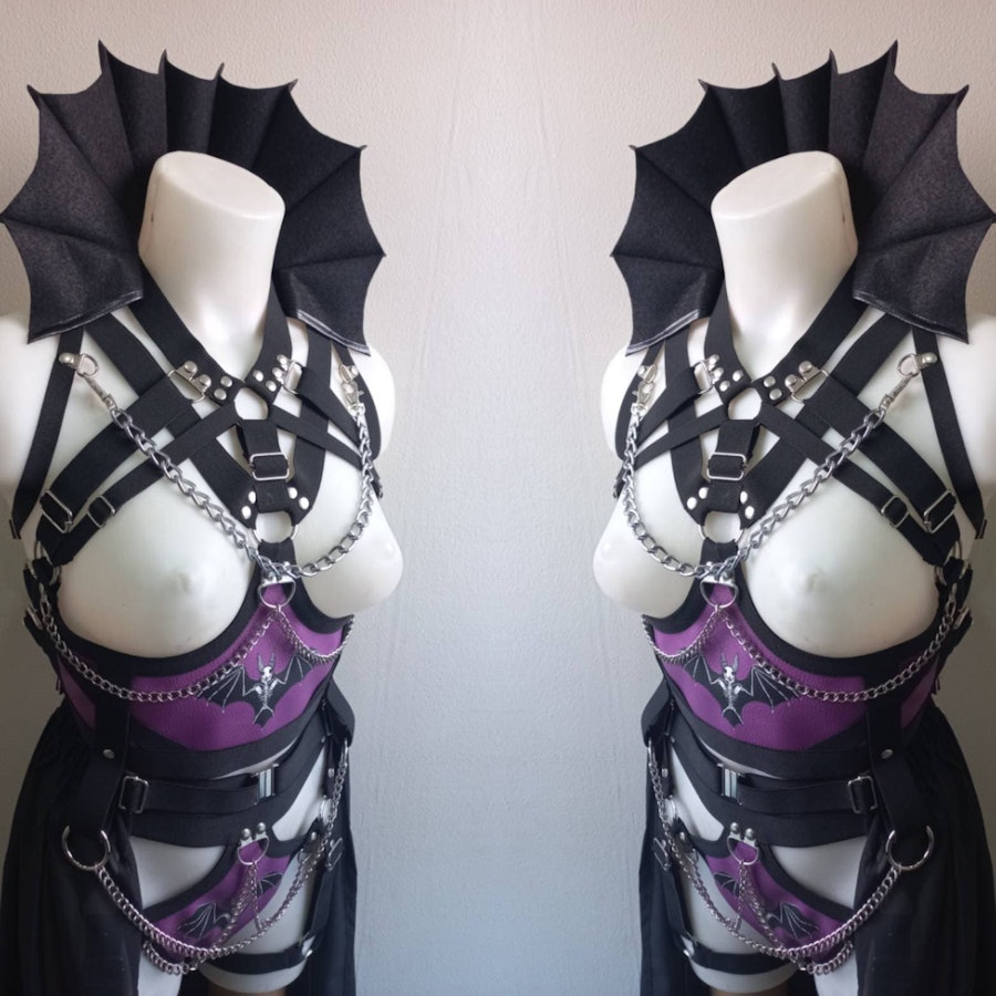 bat inspired outfit -purple printed full body harness and maxy skirt gothic vampire style witchy outfit