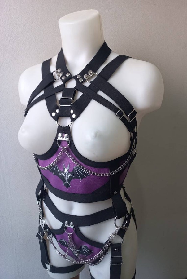 bat inspired outfit -purple printed full body harness and maxy skirt gothic vampire style witchy outfit Image # 175520