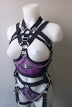 bat inspired outfit -purple printed full body harness and maxy skirt gothic vampire style witchy outfit Thumbnail # 175520