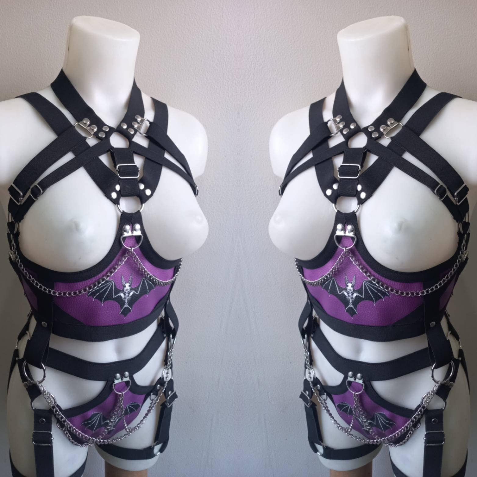bat inspired outfit -purple printed full body harness and maxy skirt gothic vampire style witchy outfit photo