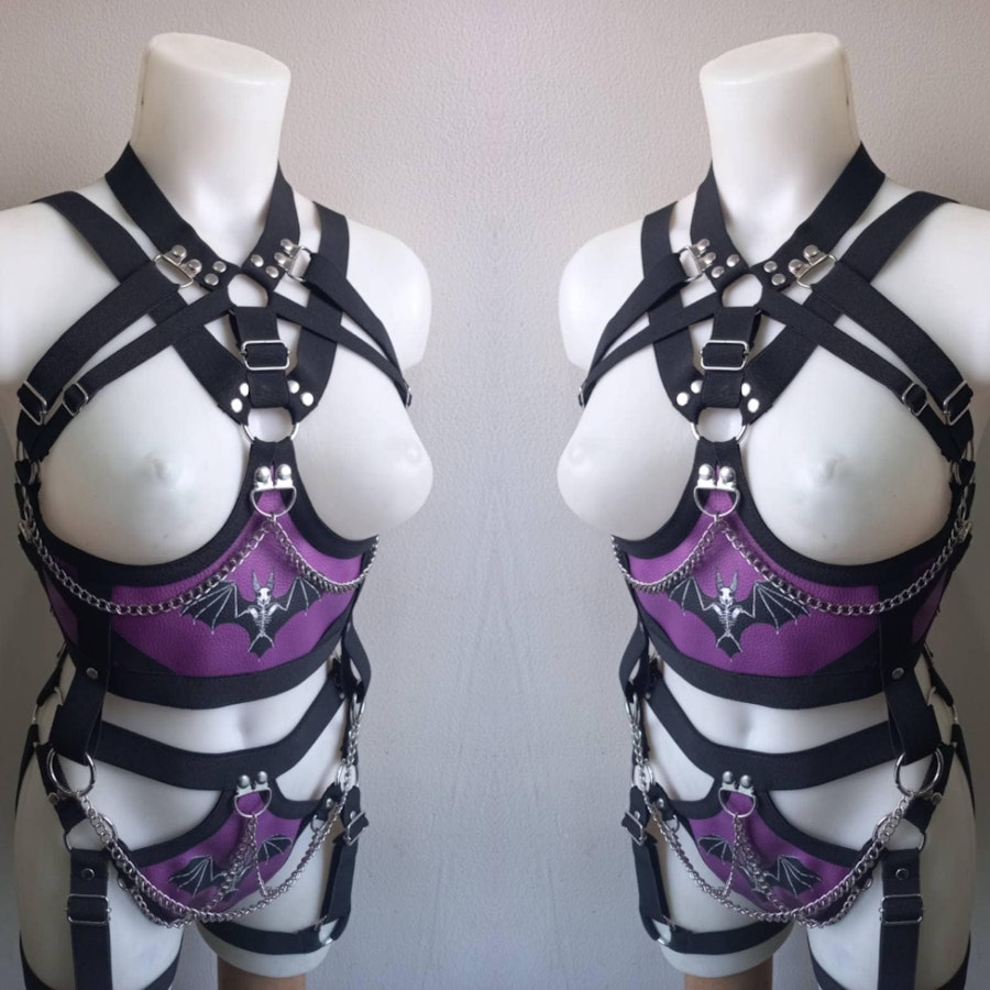 bat inspired outfit -purple printed full body harness and maxy skirt gothic vampire style witchy outfit Image # 175516
