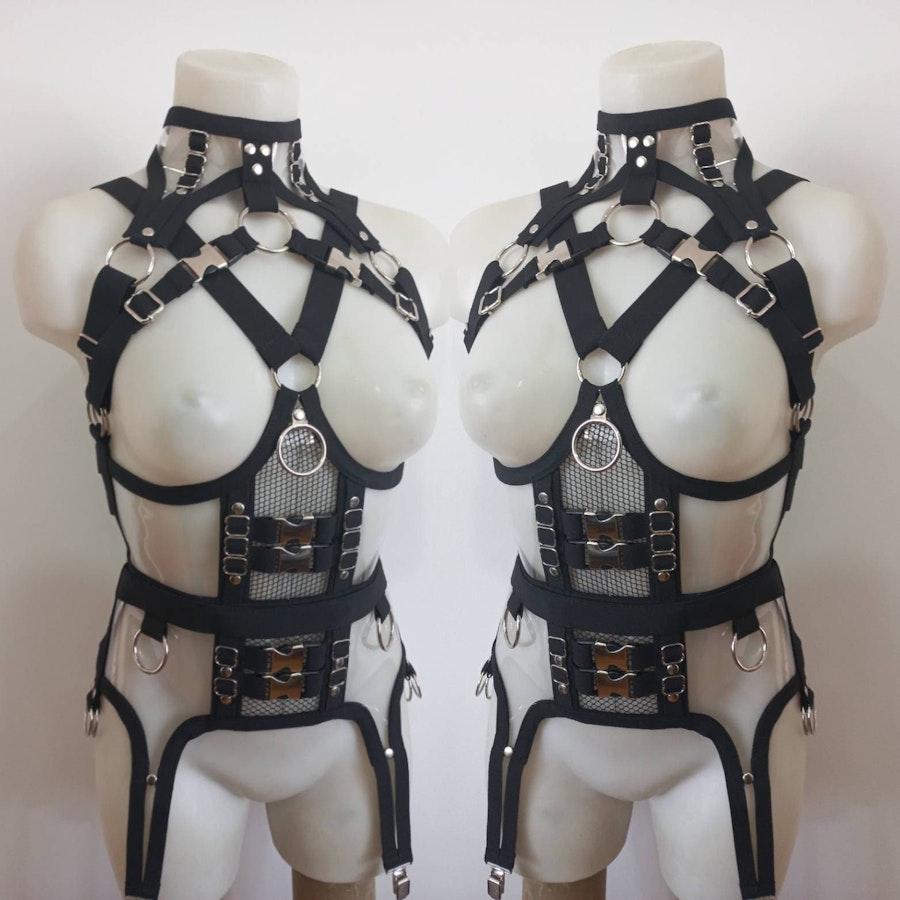 clear vynil harness set transparent vynil gothic alternative fashion under bust harness and garter belt set