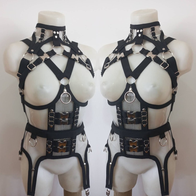 clear vynil harness set transparent vynil gothic alternative fashion under bust harness and garter belt set photo