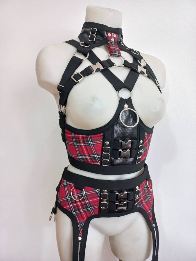 tartan two piece set red plaid under bust harness and garter belt elastic harness set punk rock fashion piece Image # 175271