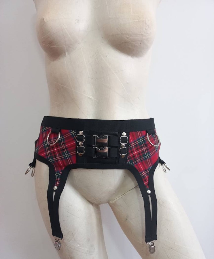 tartan two piece set red plaid under bust harness and garter belt elastic harness set punk rock fashion piece Image # 175273